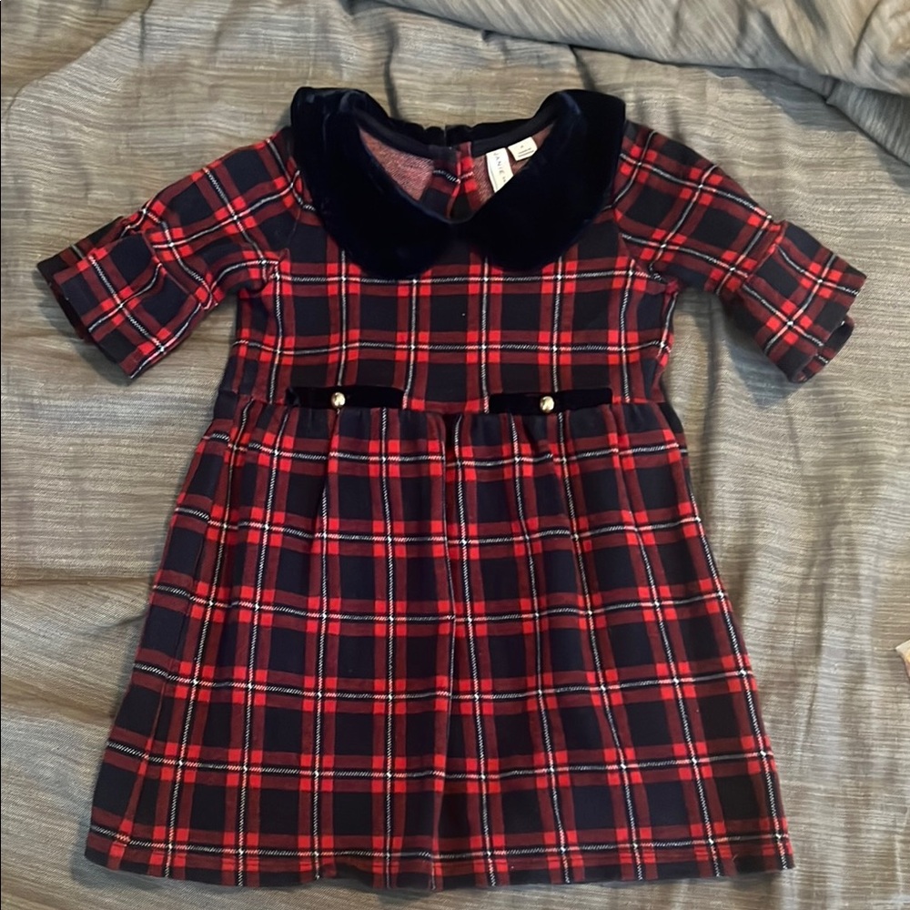 Janie and Jack Red and Navy Plaid Dress with Velvet Trim